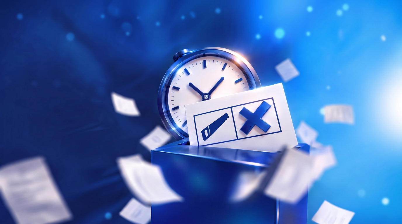 A stopwatch and ballot card dropping into a ballot box — every vote counts